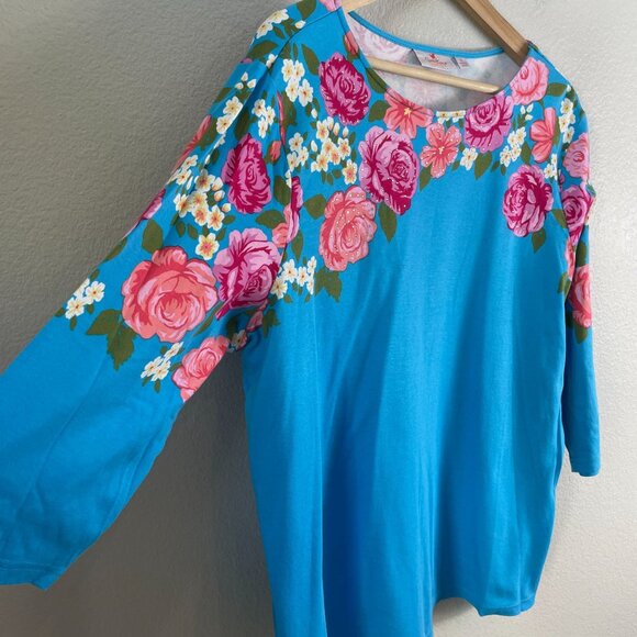 Quacker Factory Womens XL Floral Embellished Top Blue Pink Roses 3/4 Sleeve - Picture 8 of 8